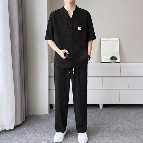 夏季新中式休闲套装男士V领宽松茶服短袖薄款皱感弹力两件套
