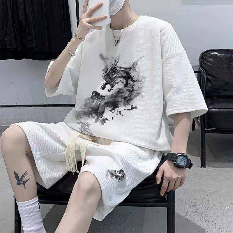 华夫格套装男夏季美式潮牌青少年宽松大码短袖短裤印花痞帅两件套