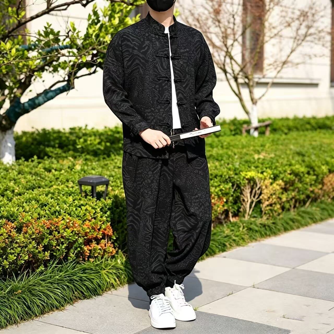 中国风秋冬暗纹提花唐装套装国潮宽松大码圆领盘扣中山装茶服夹克