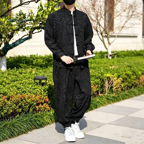 中国风秋冬暗纹提花唐装套装国潮宽松大码圆领盘扣中山装茶服夹克
