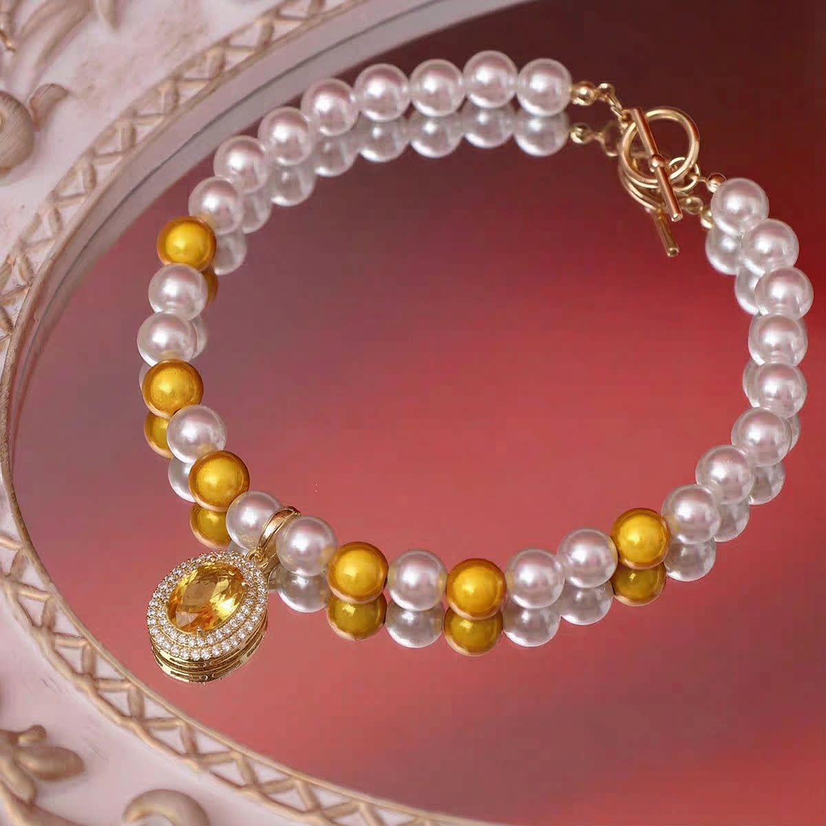 宠物项链猫咪珍珠项链奢侈镶钻宝石吊坠原创泰迪狗脖子装饰品围脖