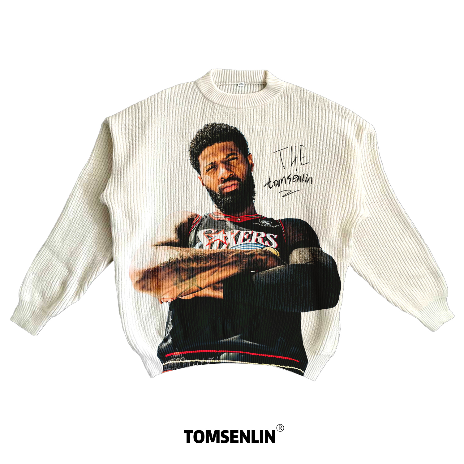tomsenlin保罗乔治76人球衣康丽印花美式cleanfit粗针针织毛衣