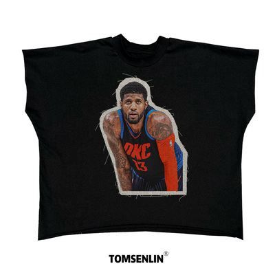 tomsenlin雷霆队保罗乔治手工复古线毯贴布宽松蝙蝠短袖