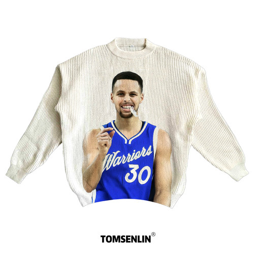 tomsenlin勇士队蓝色球服斯蒂芬库里咬牙套美式康丽印花慵懒毛衣