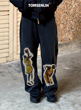 tomsenlin重工remake-科比kobe线毯贴布水洗做旧卫裤休闲裤