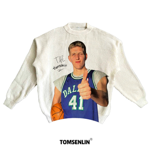 tomsenlin小牛队德国战车年轻诺维斯基美式康丽印花慵懒休闲毛衣