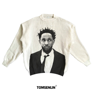 tomsenlin-Kendrick Lamar复古美式康丽印花慵懒休闲毛衣