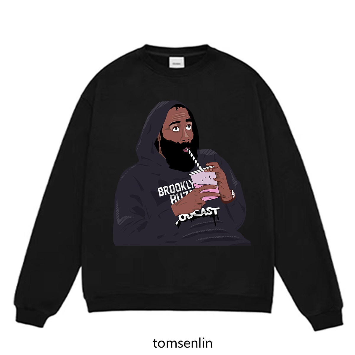 tomsenlin复刻詹姆斯哈登插画篮网队美式复古做旧卫衣连帽衫圆领