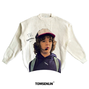 tomsenlin怪奇物语达斯汀·亨德森针织美式 康丽印花慵懒休闲毛衣