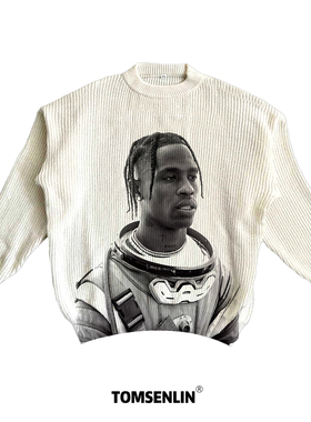 tomsenlin-Travis Scott人像复古美式康丽印花慵懒休闲毛衣