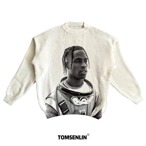 tomsenlin-Travis Scott人像复古美式康丽印花慵懒休闲毛衣