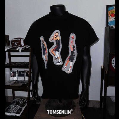tomsenlin 斯蒂芬库里夺冠名场面重工手工贴布设计款宽松T恤短袖