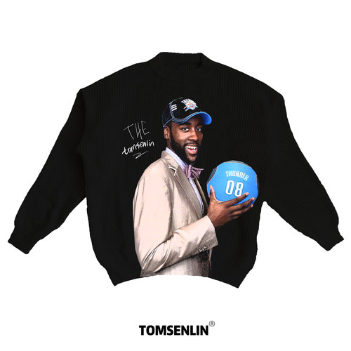 tomsenlin新秀雷霆詹姆斯哈登针织美式康丽印花慵懒毛衣