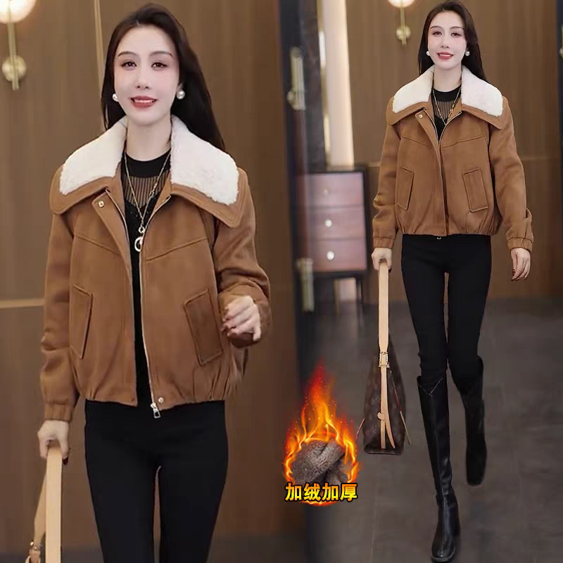 加绒加厚麂皮绒短外套女冬季
