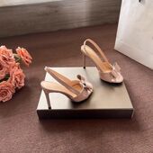 裸色圆头露趾蝴蝶结凉鞋 子 细跟不累脚后空高跟单鞋 女2026新款 夏季