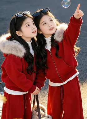 女童冬季秋冬加绒拜年套装2025新款中大童红色外套休闲两件套