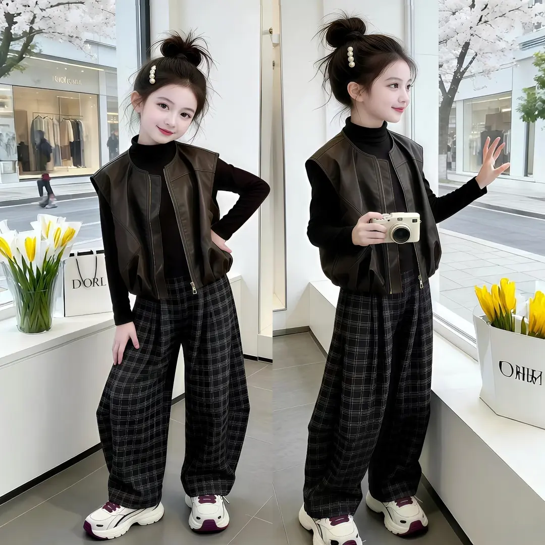 女童三件套装2026新款儿童春秋季韩版秋装皮马甲中大童穿搭一整套