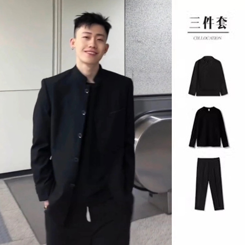 新中式国风西装男套装潮流痞帅立领中山装春秋网红高级感黑色外套