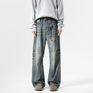 Vortex扎花美式 水洗品质复古做旧水洗宽松阔腿休闲高街牛仔裤
