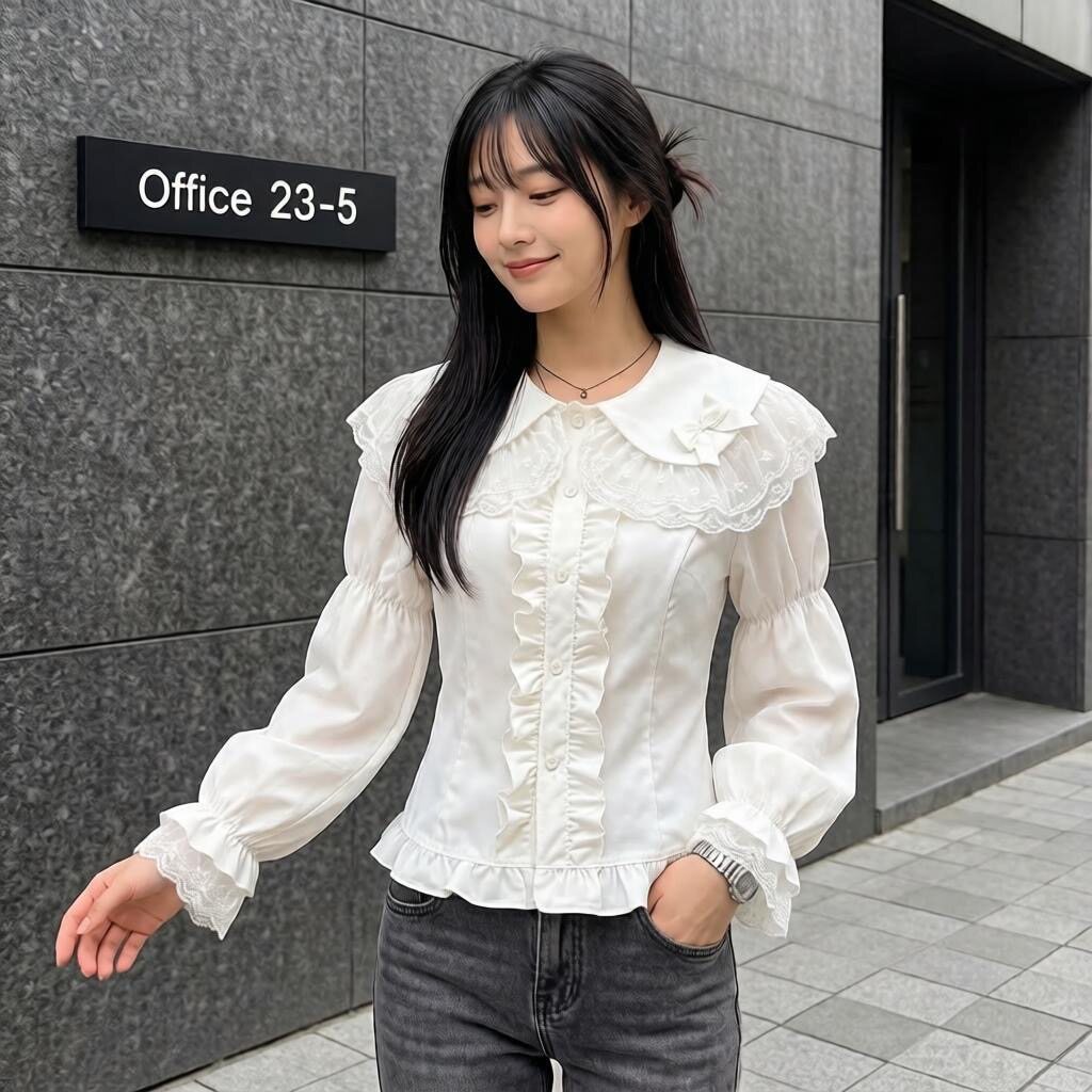 现货doll感娃娃领蕾丝泡泡袖白衬衫女长袖修身显瘦设计感上衣