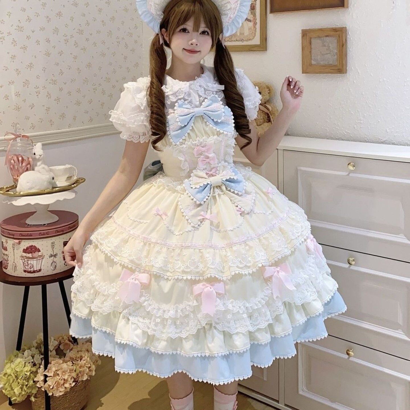 白糖少女翻糖蛋糕Lolita裙子奶黄蓝拼色洋装可爱jsk吊带连衣裙