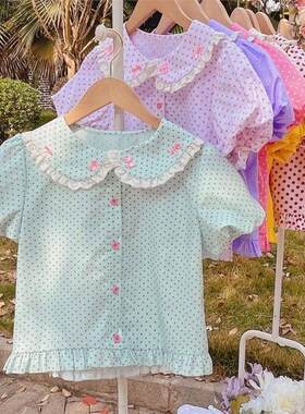新版短泡泡袖波波衬衫夏水玉波点棉内搭lolita