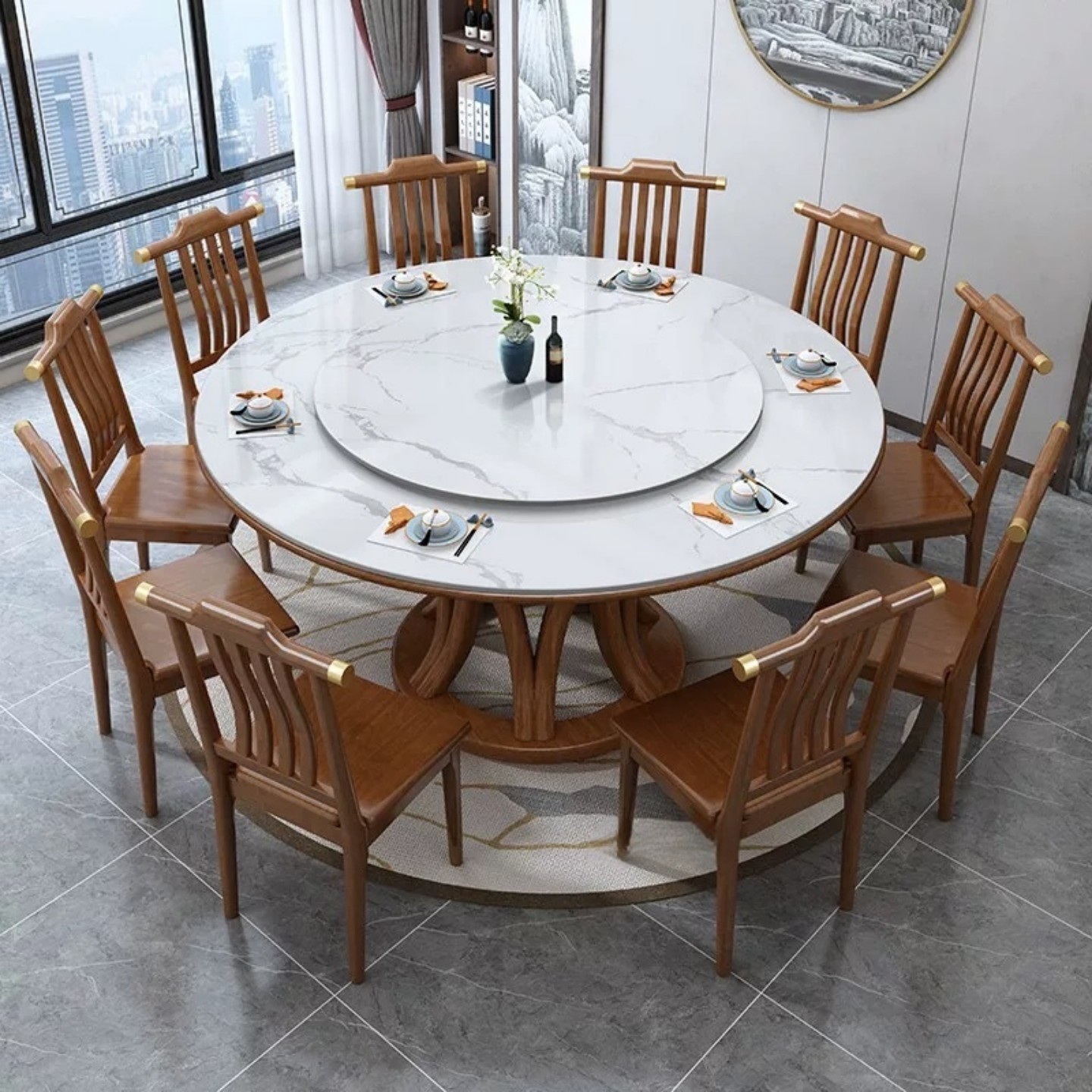 新中式实木岩板圆餐桌带转盘10人家用圆形餐桌椅组合吃饭桌子饭店