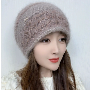冬季新款双层针织镂空花松鼠绒保暖小卷边堆堆护耳包头女士帽子