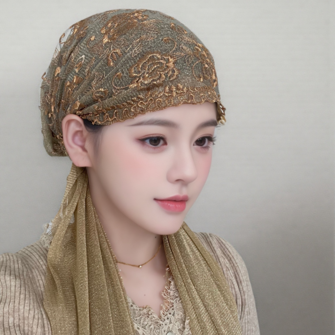 新款女士帽子披肩款头巾玫瑰绣花包头帽绑巾旅拍帽子头巾帽连帽