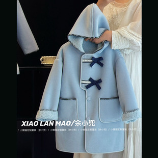 女童连帽毛呢大衣25年冬中大童女孩蝴蝶结英伦中长款 加绒保暖外套