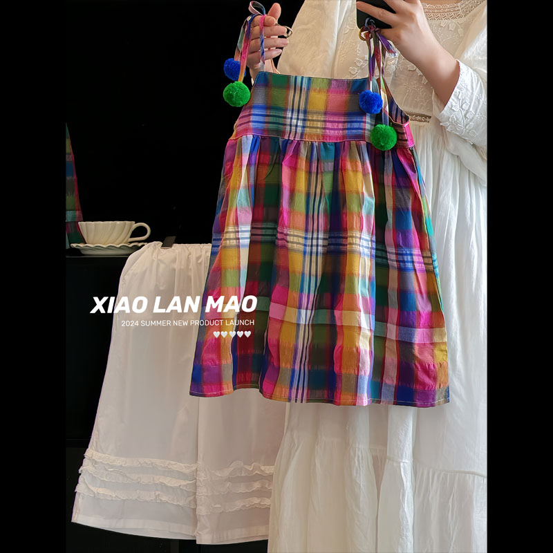 女童彩色格子连衣裙+棉布阔腿裤套装24年夏儿童宝宝吊带裙公主裙