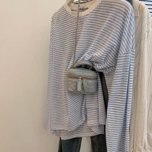 蓝白条纹长袖t恤女秋夏季2026新款设计感薄款冰丝防晒罩衫上衣潮