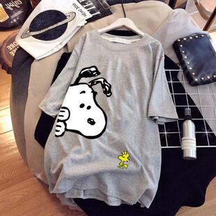 圆领衬衫 中长款 ins印花上衣韩版 宽松bf欧货大版 短袖 t恤女2026新款