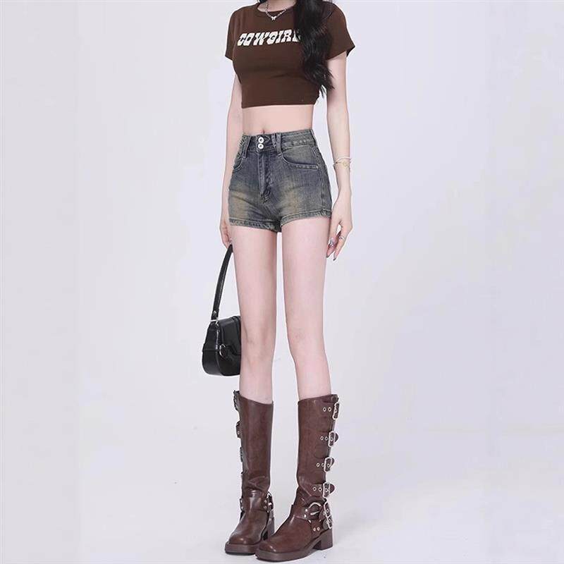 美式复古牛仔短裤女2026夏季新款高腰修身弹力A字显腿长辣妹热裤