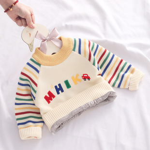 2025新款女童毛衣加绒加厚宝宝圆领针织衫婴儿套头线衣韩版秋冬装