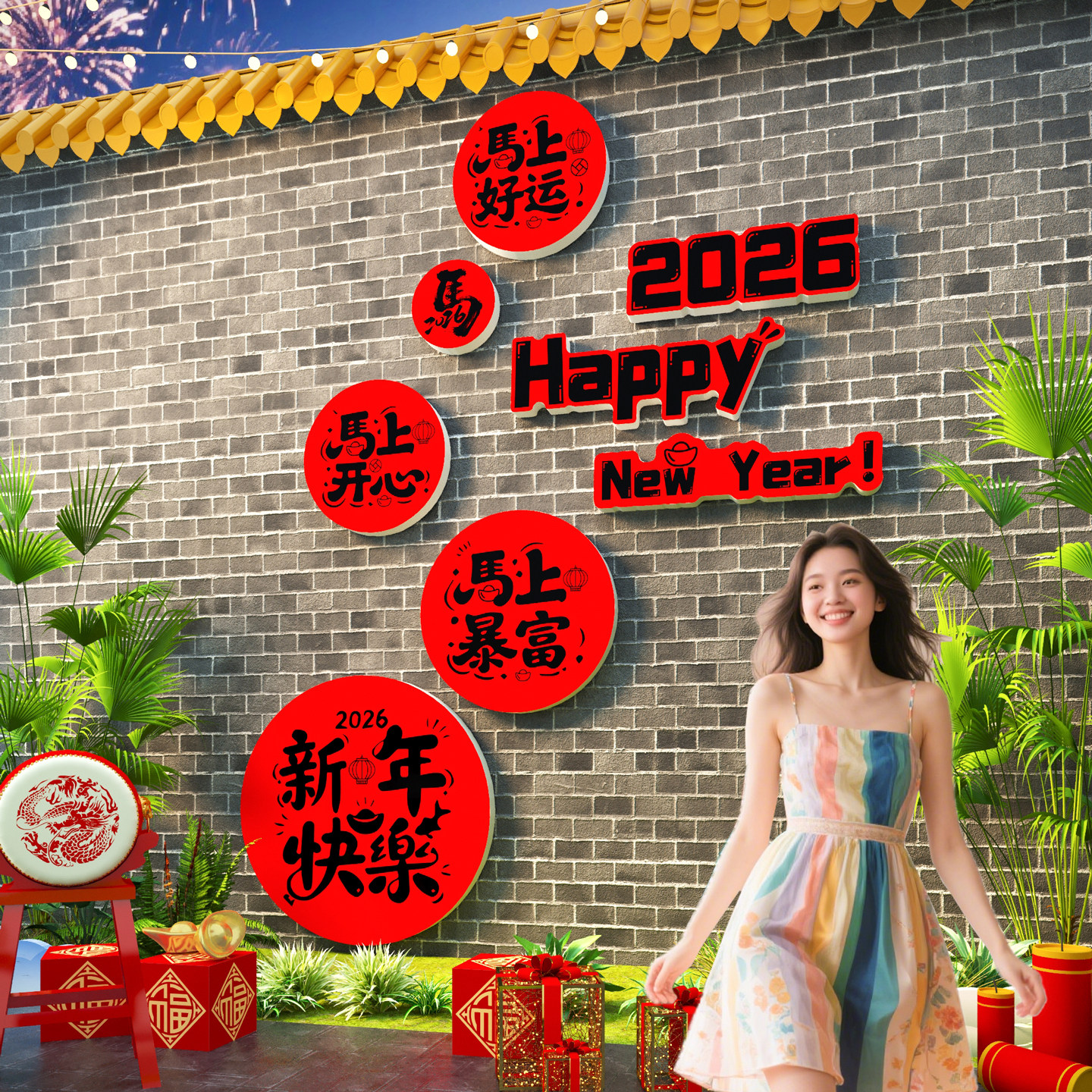 新年快乐背景墙贴2026网红打卡墙互动拍照区氛围布置马年春节装饰,家居饰品,文化墙贴,淘宝优惠券,粉丝福利购,淘宝优惠卷
