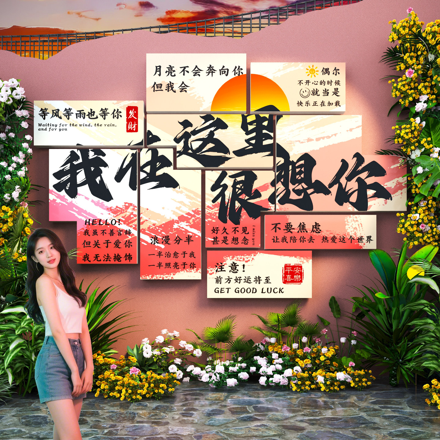 网红打卡拍照区氛围装饰民宿院户外造景奶茶鲜花店铺形象互动墙贴,家居饰品,软装墙贴,淘宝优惠券,粉丝福利购,淘宝优惠卷