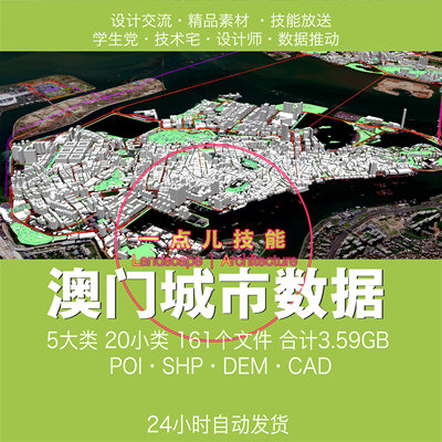 Macao澳门城市GIS数据SHP矢量CAD建筑路网水系绿地AI解析 DEM POI