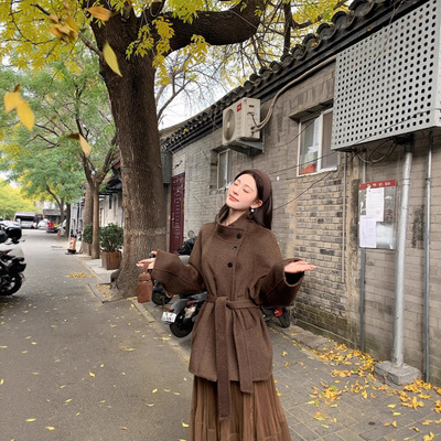 2025新款立领棕色中长款收腰羊毛羊绒双面呢大衣设计感复古女外套