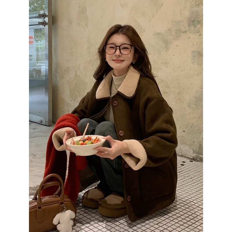 两面穿皮毛一体羊羔毛厚外套女秋冬季麂皮复古高级感环保毛毛皮