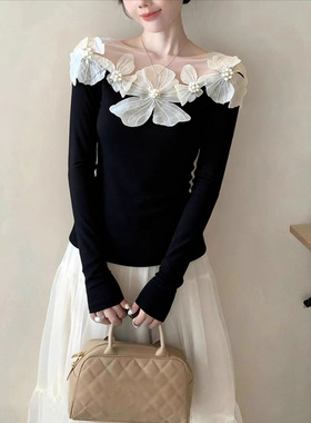 2025新款高级小众不撞衫上衣设计感小众黑色立体花朵长袖上衣女秋