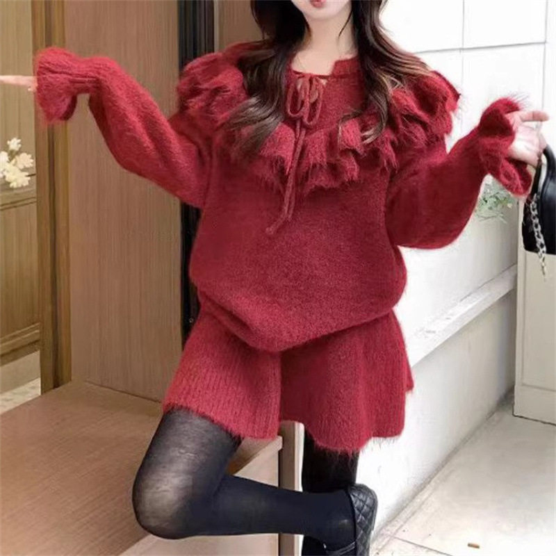 新年红色毛衣套装女春秋季穿搭一整套荷叶边系带针织衫短裙两件套
