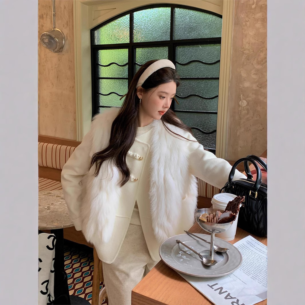 25秋冬新款车条狐狸毛皮草马甲外套女双面羊绒羊毛呢两件套大衣