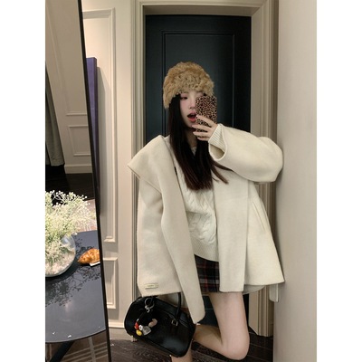 魔女斗篷 白色羊毛大衣女双面呢高级感翻领中长款毛呢外套韩系百