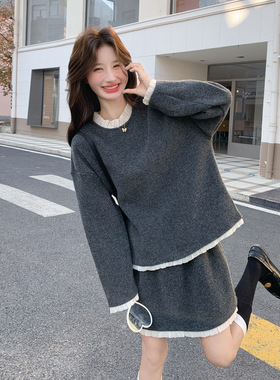 春装新款拼接边两件套装裙