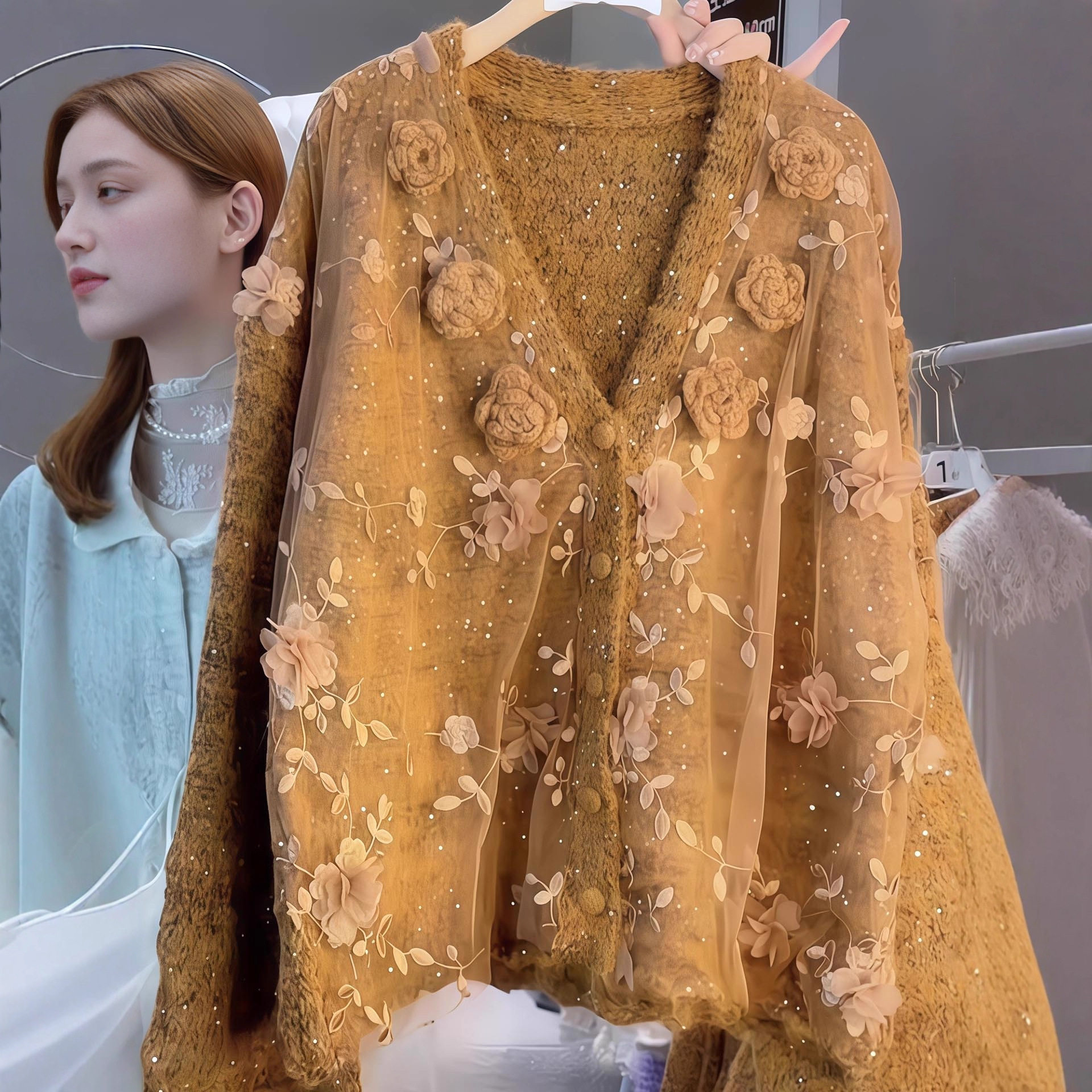 欧货重磅2025年秋冬季新款蕾丝刺绣花朵毛衣高级穿搭漂亮上衣