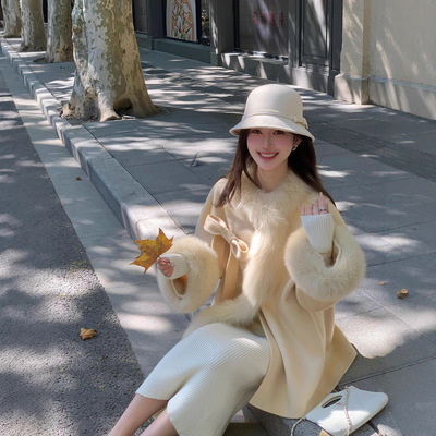 千金甜美蝴蝶结双面羊毛斗篷狐狸毛双面羊毛绒呢子大衣女秋冬外套