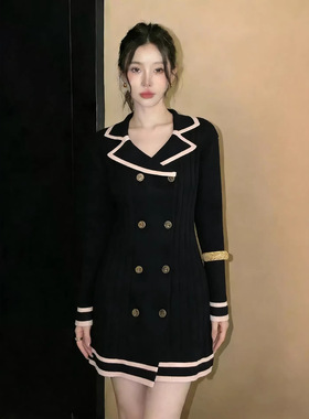 法式轻奢风双排扣针织连衣裙女杏色修身显瘦大方得体绝美气质裙