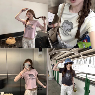 韩国小众visual 修身 短袖 T恤 space卡通贝蒂人像字母印花圆领短款