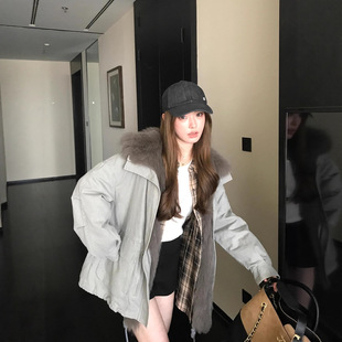 天使之翼狐狸毛皮草毛领外套女中长款白鹅绒羽绒派克服连帽2025冬